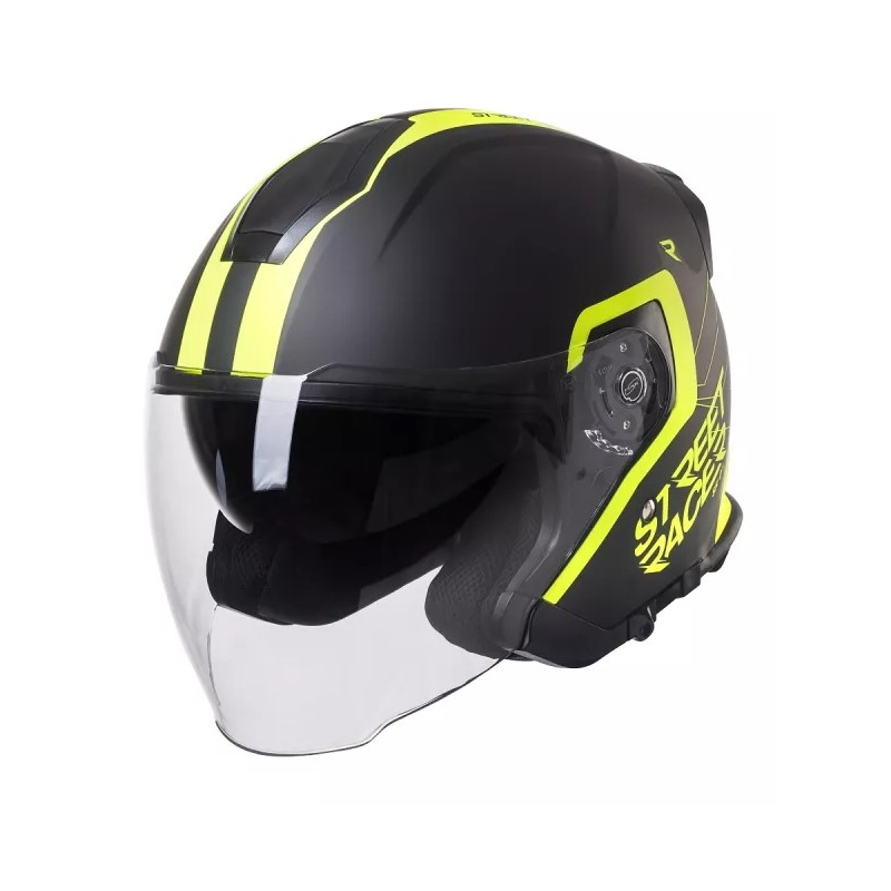 Otevřená přilba na motorku Street Racer SR 01 černo-fluo žlutá - II. jakost